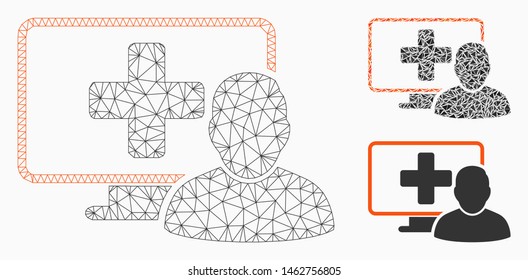 Mesh online medicine model with triangle mosaic icon. Wire frame triangular mesh of online medicine. Vector mosaic of triangle parts in different sizes, and color hues.