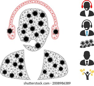 Mesh Online-Operator polygonal Symbol Vektorgrafik, mit schwarzen Coronavirus Knoten. Das Carcass-Modell basiert auf dem flachen Symbol des Online-Betreibers, mit Infektionsknoten und polygonalen Maschen.