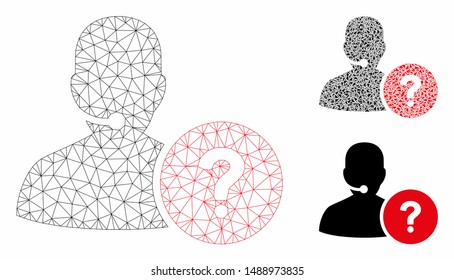 Mesh online support model with triangle mosaic icon. Wire carcass triangular mesh of online support. Vector mosaic of triangle parts in various sizes, and color hues.