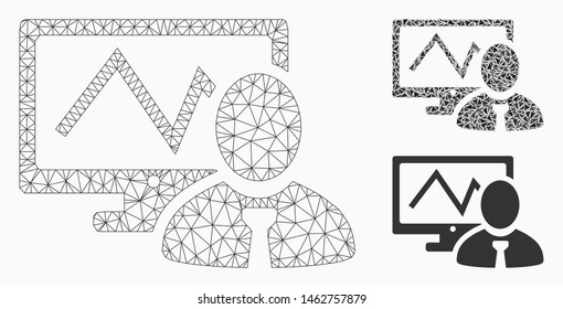 Mesh online trader model with triangle mosaic icon. Wire carcass triangular mesh of online trader. Vector mosaic of triangle elements in various sizes, and color hues.