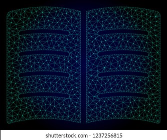 Mesh open book polygonal illustration. Abstract mesh lines, triangles and points on dark background with open book. Wire frame 2D polygonal line network in vector format on a dark blue background.