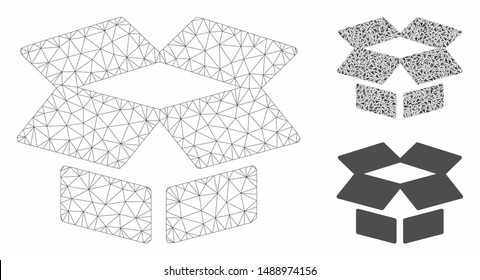 Mesh open box model with triangle mosaic icon. Wire carcass polygonal mesh of open box. Vector composition of triangle parts in variable sizes, and color tints. Abstract 2d mesh open box,