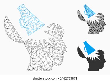 Mesh open brain megaphone model with triangle mosaic icon. Wire frame polygonal mesh of open brain megaphone. Vector mosaic of triangles in variable sizes, and color hues.