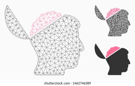 Mesh open brain model with triangle mosaic icon. Wire frame triangular mesh of open brain. Vector composition of triangle parts in variable sizes, and color tints. Abstract flat mesh open brain,