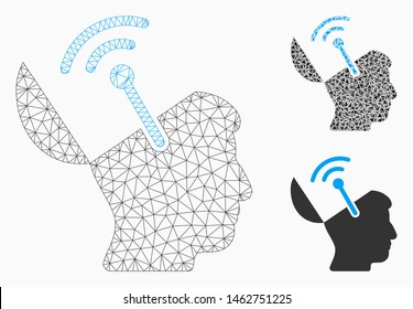 Mesh open brain radio interface model with triangle mosaic icon. Wire carcass polygonal mesh of open brain radio interface. Vector collage of triangle parts in different sizes, and color shades.