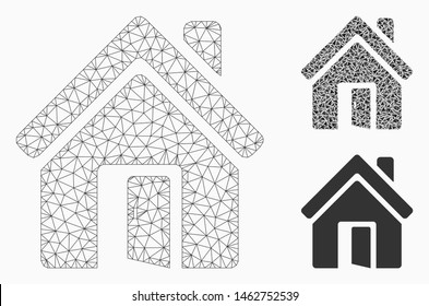 Mesh open house door model with triangle mosaic icon. Wire carcass polygonal mesh of open house door. Vector collage of triangle parts in different sizes, and color hues.