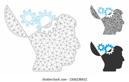 Mesh open mind gears model with triangle mosaic icon. Wire carcass triangular mesh of open mind gears. Vector mosaic of triangle elements in various sizes, and color tinges.