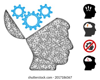 Mesh open mind gears web icon vector illustration. Model is based on open mind gears flat icon. Network forms abstract open mind gears flat model.