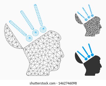 Mesh open mind interface model with triangle mosaic icon. Wire frame polygonal mesh of open mind interface. Vector mosaic of triangle elements in different sizes, and color shades.
