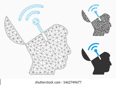 Mesh open mind radio interface model with triangle mosaic icon. Wire carcass polygonal mesh of open mind radio interface. Vector composition of triangle parts in various sizes, and color tints.
