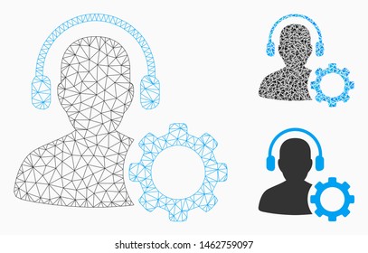 Mesh operator configuration gear model with triangle mosaic icon. Wire frame triangular mesh of operator configuration gear. Vector mosaic of triangle parts in various sizes, and color shades.