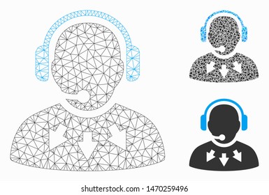 Mesh operator message model with triangle mosaic icon. Wire frame triangular network of operator message. Vector mosaic of triangle elements in variable sizes, and color shades.