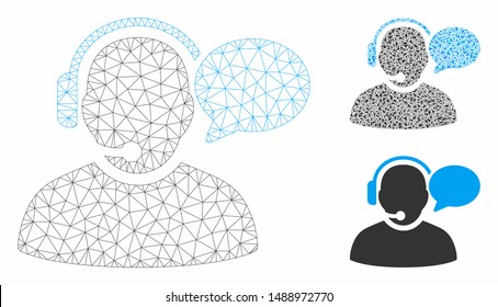 Mesh operator message model with triangle mosaic icon. Wire carcass polygonal network of operator message. Vector collage of triangle elements in variable sizes, and color tinges.