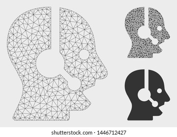 Mesh operator model with triangle mosaic icon. Wire carcass triangular mesh of operator. Vector collage of triangle parts in various sizes, and color shades. Abstract flat mesh operator,