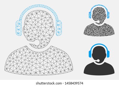 Mesh operator model with triangle mosaic icon. Wire carcass triangular mesh of operator. Vector mosaic of triangle elements in different sizes, and color hues. Abstract 2d mesh operator,