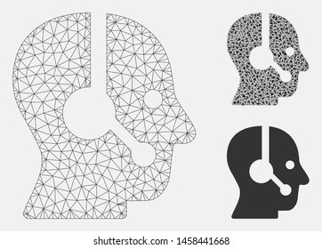 Mesh operator model with triangle mosaic icon. Wire frame polygonal mesh of operator. Vector mosaic of triangle elements in various sizes, and color hues. Abstract flat mesh operator,