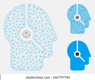 Mesh operator model with triangle mosaic icon. Wire carcass triangular mesh of operator. Vector mosaic of triangle parts in various sizes, and color shades. Abstract flat mesh operator,