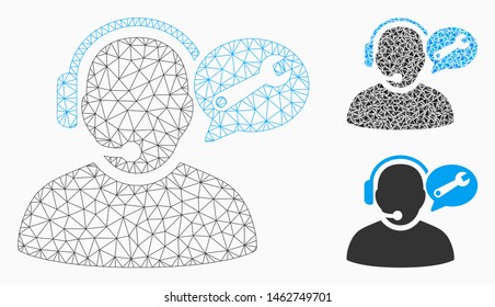Mesh operator service message model with triangle mosaic icon. Wire frame polygonal mesh of operator service message. Vector mosaic of triangle parts in various sizes, and color tones.
