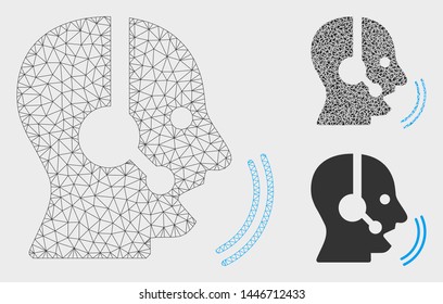 Mesh operator speech model with triangle mosaic icon. Wire carcass triangular mesh of operator speech. Vector mosaic of triangle parts in variable sizes, and color tinges.