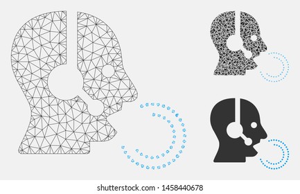 Mesh operator speech model with triangle mosaic icon. Wire carcass polygonal mesh of operator speech. Vector mosaic of triangles in different sizes, and color hues. Abstract flat mesh operator speech,