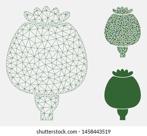 Mesh opium poppy model with triangle mosaic icon. Wire carcass polygonal network of opium poppy. Vector mosaic of triangle elements in different sizes, and color tinges.