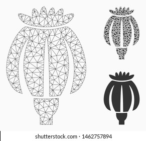 Mesh opium poppy model with triangle mosaic icon. Wire carcass triangular mesh of opium poppy. Vector mosaic of triangles in various sizes, and color tones. Abstract 2d mesh opium poppy,