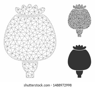 Mesh opium poppy model with triangle mosaic icon. Wire frame triangular mesh of opium poppy. Vector mosaic of triangles in different sizes, and color hues. Abstract flat mesh opium poppy,