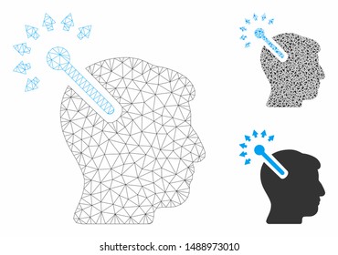 Mesh optical neural interface model with triangle mosaic icon. Wire carcass triangular mesh of optical neural interface. Vector mosaic of triangle parts in various sizes, and color tints.