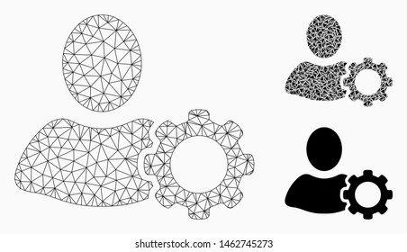 Mesh options model with triangle mosaic icon. Wire frame polygonal mesh of options. Vector mosaic of triangle elements in different sizes, and color shades. Abstract flat mesh options,