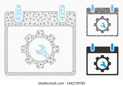Mesh options tools calendar day model with triangle mosaic icon. Wire carcass triangular network of options tools calendar day. Vector mosaic of triangle parts in various sizes, and color tints.