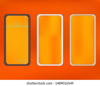 Mesh, orange red colored phone backgrounds kit. Usefull backdrop. Plain screen design set, isolated background. Cool separated groups, easy to edit EPS. 2436x1125 ratio.