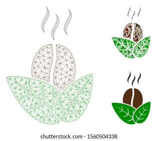 Mesh organic coffee model with triangle mosaic icon. Wire frame triangular mesh of organic coffee. Vector collage of triangle elements in various sizes, and color shades.