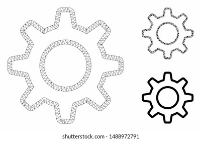 Mesh outline gearwheel model with triangle mosaic icon. Wire frame polygonal mesh of outline gearwheel. Vector mosaic of triangle elements in various sizes, and color tinges.