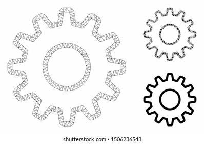 Mesh outline pinion model with triangle mosaic icon. Wire carcass triangular mesh of outline pinion. Vector mosaic of triangle parts in different sizes, and color shades.