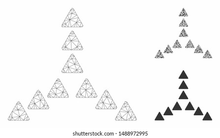 Mesh outside direction triangles model with triangle mosaic icon. Wire carcass polygonal mesh of outside direction triangles. Vector composition of triangle elements in different sizes,
