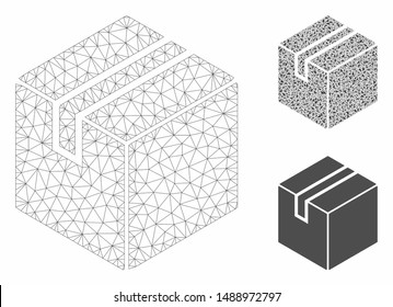 Mesh package model with triangle mosaic icon. Wire carcass polygonal mesh of package. Vector composition of triangle parts in various sizes, and color hues. Abstract flat mesh package,