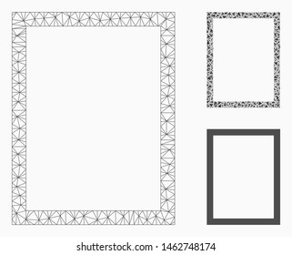 Mesh page model with triangle mosaic icon. Wire carcass polygonal mesh of page. Vector mosaic of triangle parts in variable sizes, and color tints. Abstract flat mesh page, built from polygonal grid.