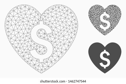 Mesh paid love model with triangle mosaic icon. Wire carcass triangular mesh of paid love. Vector collage of triangle parts in various sizes, and color shades. Abstract 2d mesh paid love,