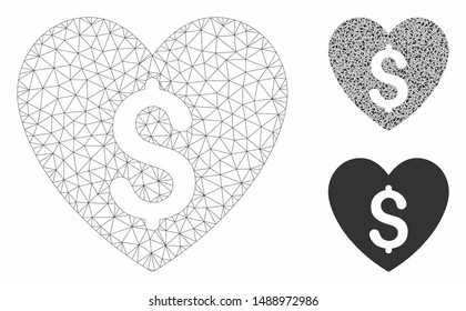 Mesh paid love model with triangle mosaic icon. Wire frame triangular network of paid love. Vector mosaic of triangle parts in various sizes, and color tinges. Abstract 2d mesh paid love,