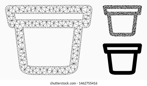 Mesh pail model with triangle mosaic icon. Wire frame polygonal mesh of pail. Vector mosaic of triangle elements in different sizes, and color shades. Abstract flat mesh pail,