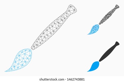 Mesh Malerpinselmodell mit Dreieck-Mosaiksymbol. Drahtkarras dreieckiges Maschen der Farbpinsel. Vektorillustration Mosaik aus Dreieck-Elementen in verschiedenen Größen und Farbtöne. Abstrakte flache Maschen-Pinsel,