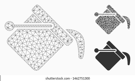 Mesh paint bucket model with triangle mosaic icon. Wire frame polygonal network of paint bucket. Vector mosaic of triangle elements in various sizes, and color hues. Abstract flat mesh paint bucket,