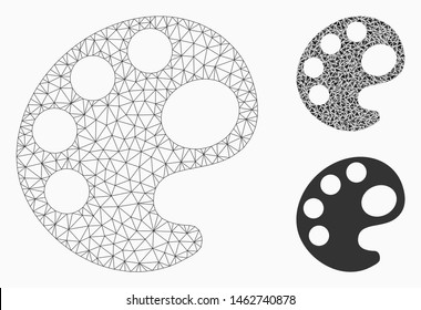 Mesh palette model with triangle mosaic icon. Wire carcass polygonal mesh of palette. Vector mosaic of triangle parts in different sizes, and color shades. Abstract flat mesh palette,