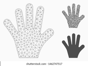 Mesh palm fingers model with triangle mosaic icon. Wire carcass triangular network of palm fingers. Vector collage of triangle parts in variable sizes, and color hues. Abstract 2d mesh palm fingers,