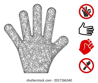 Mesh palm fingers web icon vector illustration. Carcass model is based on palm fingers flat icon. Mesh forms abstract palm fingers flat carcass.
