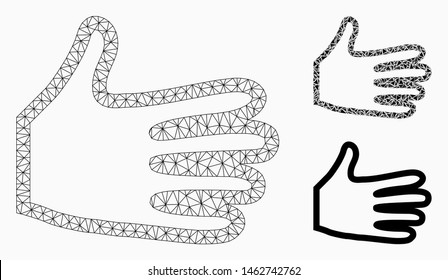Mesh pan fingers model with triangle mosaic icon. Wire frame polygonal network of pan fingers. Vector mosaic of triangle parts in various sizes, and color tones. Abstract 2d mesh pan fingers,