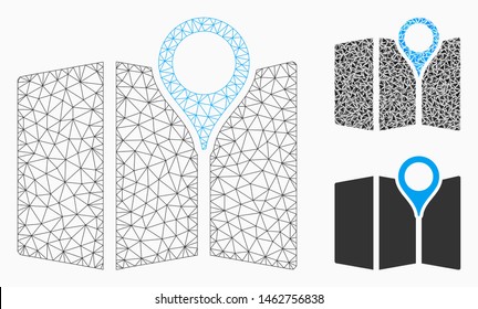 Mesh paper map model with triangle mosaic icon. Wire carcass polygonal mesh of paper map. Vector mosaic of triangle elements in different sizes, and color tones. Abstract 2d mesh paper map,