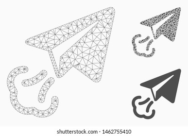 Mesh paper plane start model with triangle mosaic icon. Wire carcass triangular mesh of paper plane start. Vector mosaic of triangle elements in variable sizes, and color tones.