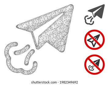 Mesh paper plane start polygonal web 2d vector illustration. Carcass model is based on paper plane start flat icon. Triangular mesh forms abstract paper plane start flat model.