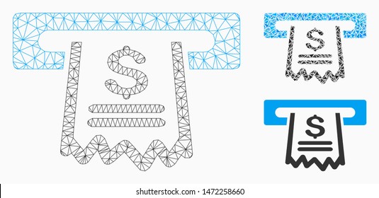 Mesh paper receipt machine model with triangle mosaic icon. Wire carcass triangular mesh of paper receipt machine. Vector mosaic of triangle parts in various sizes, and color tinges.